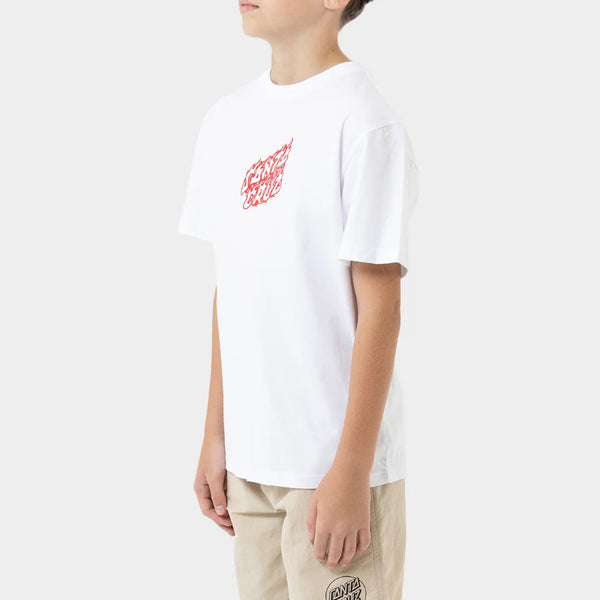 Young boy wearing a white t-shirt with a red graphic on a white background