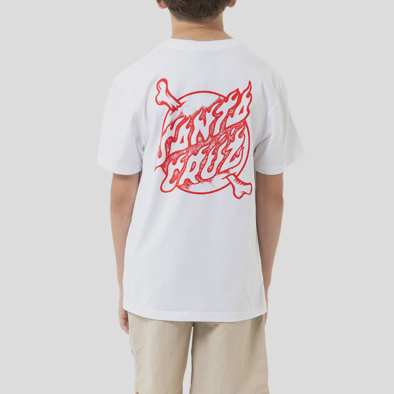 Person wearing a white t-shirt with red graphics on the back against a plain background