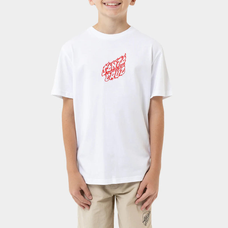 Child wearing a white t-shirt with a red logo on a white background