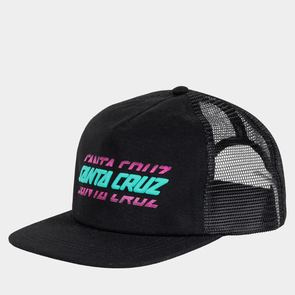 Black trucker cap with colorful text on a white background