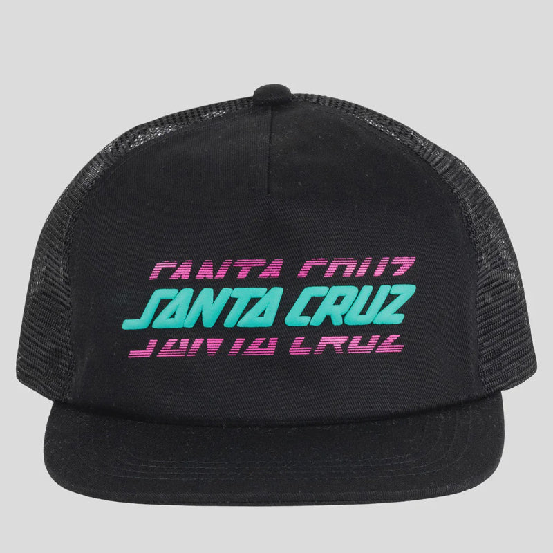 Black trucker cap with colorful 'Santa Cruz' branding on a gray background