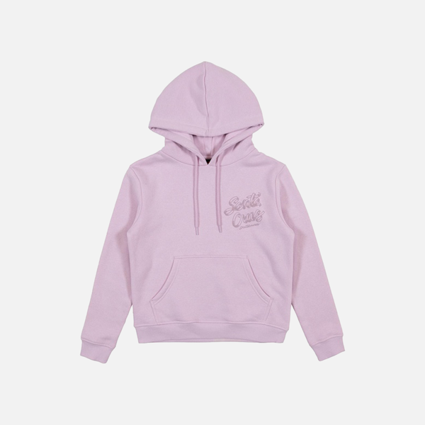 Light purple hoodie with a brand logo on a white background