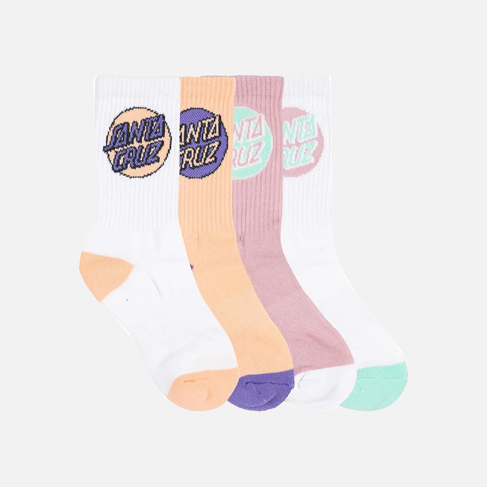 Four socks two in white, one peach, and one pink with Santa Cruz logo on a white background