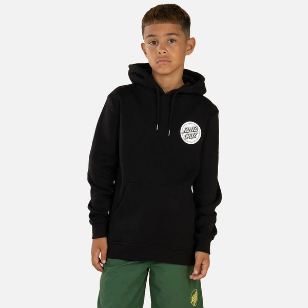 Person wearing a black hoodie with a santa cruz logo on a white background
