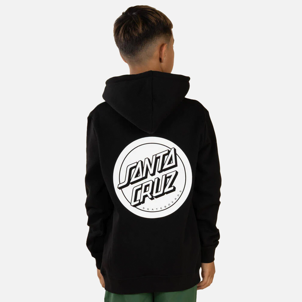 Person wearing a black hoodie with a Santa Cruz logo on the back against a white background