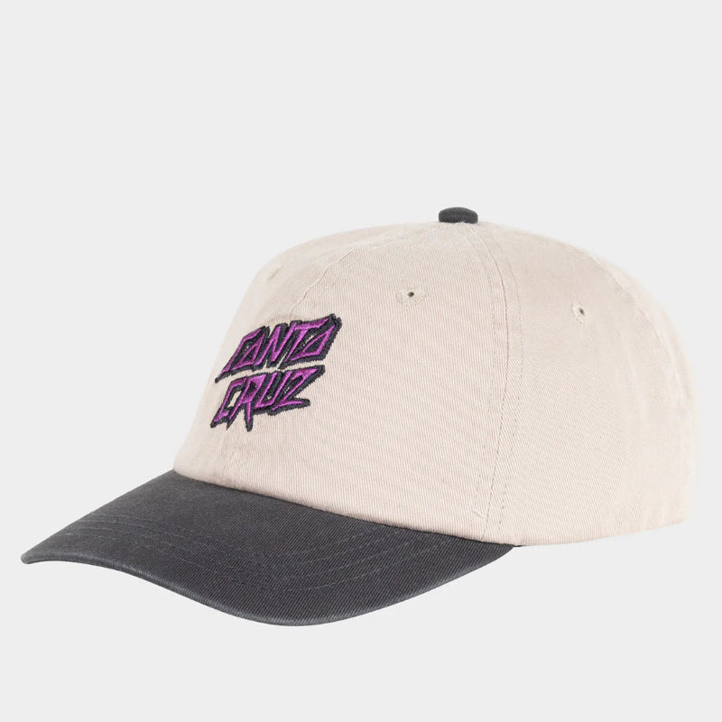 Beige and black cap with a logo on a white background