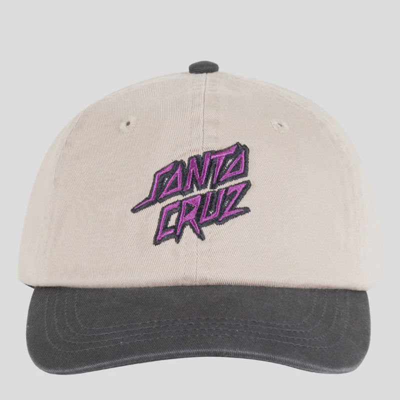 Beige and black cap with purple 'Santa Cruz' logo on a light gray background
