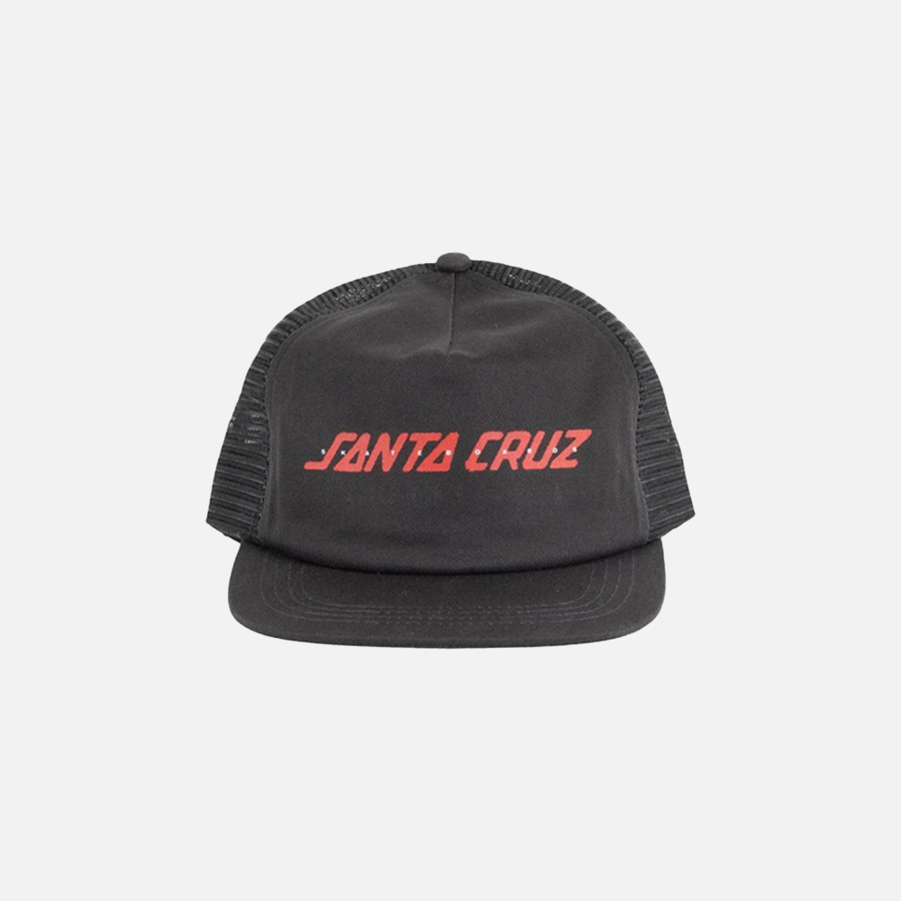 Black cap with red 'Santa Cruz' logo on a light gray background