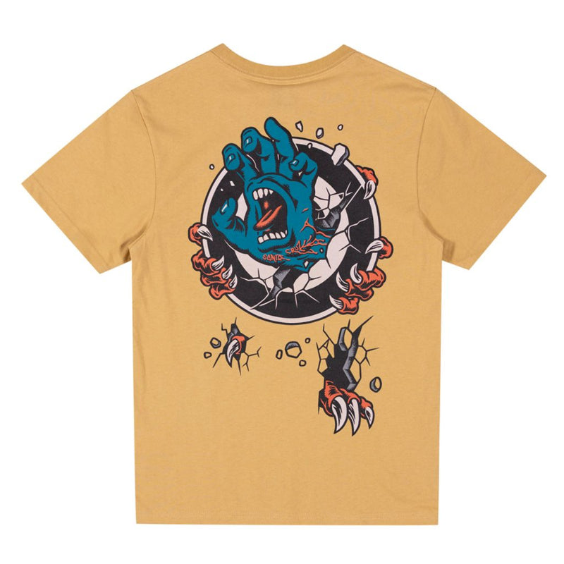 A tan short-sleeve t-shirt with a large graphic print on the back featuring a blue monster hand tearing through a circular frame, with claw marks below, shown against a plain white background.