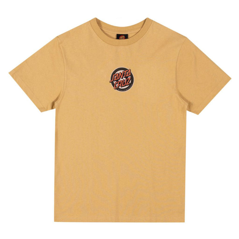 A tan short-sleeve crewneck t-shirt with a circular Santa Cruz logo printed on the left chest, displayed flat against a solid white background.