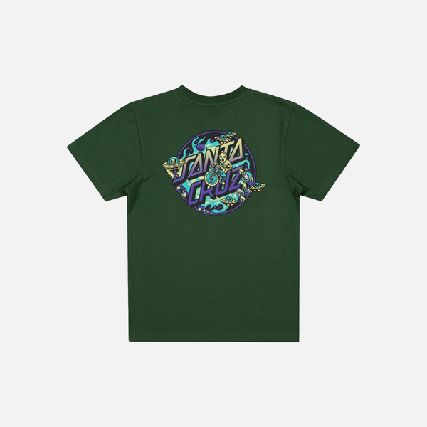 Green t-shirt with a colorful santa cruz graphic design on a white background
