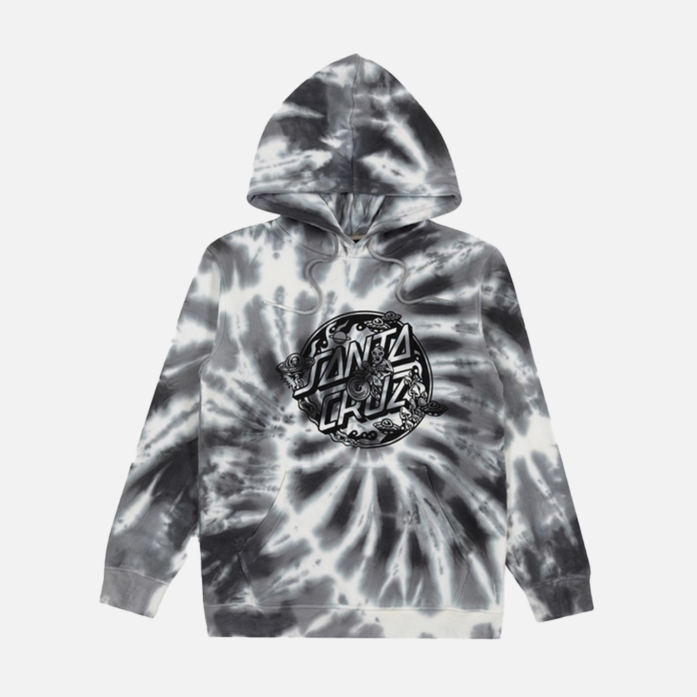 Tie-dye santa cruz hoodie with a logo on a white background