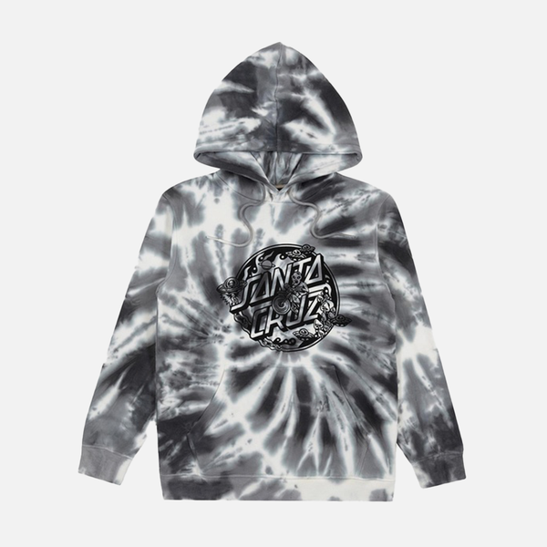 Tie-dye santa cruz hoodie with a logo on a white background