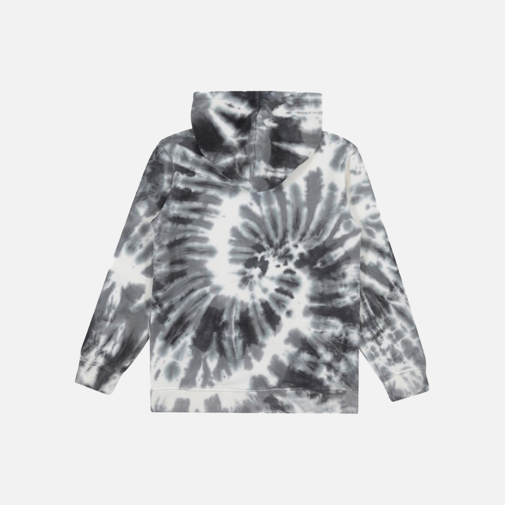 Tie-dye hoodie with black and white spiral pattern on a light gray background