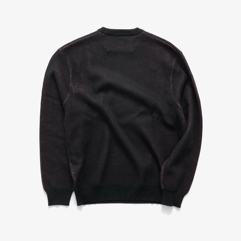 A black long-sleeve knit sweater shown from the back, laid flat against a clean white background.