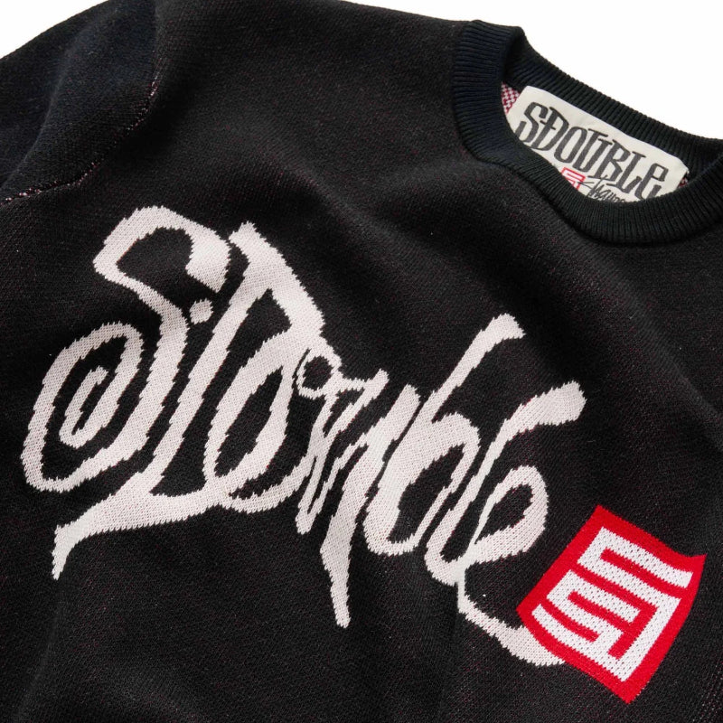 Black sweatshirt with white and red branding on a black background