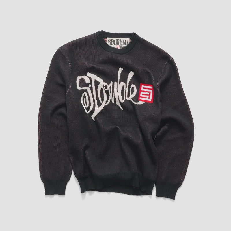 A black crewneck sweatshirt featuring a large white 'SDouble' logo across the chest and a small red square logo patch on the left chest, displayed against a light gray background.