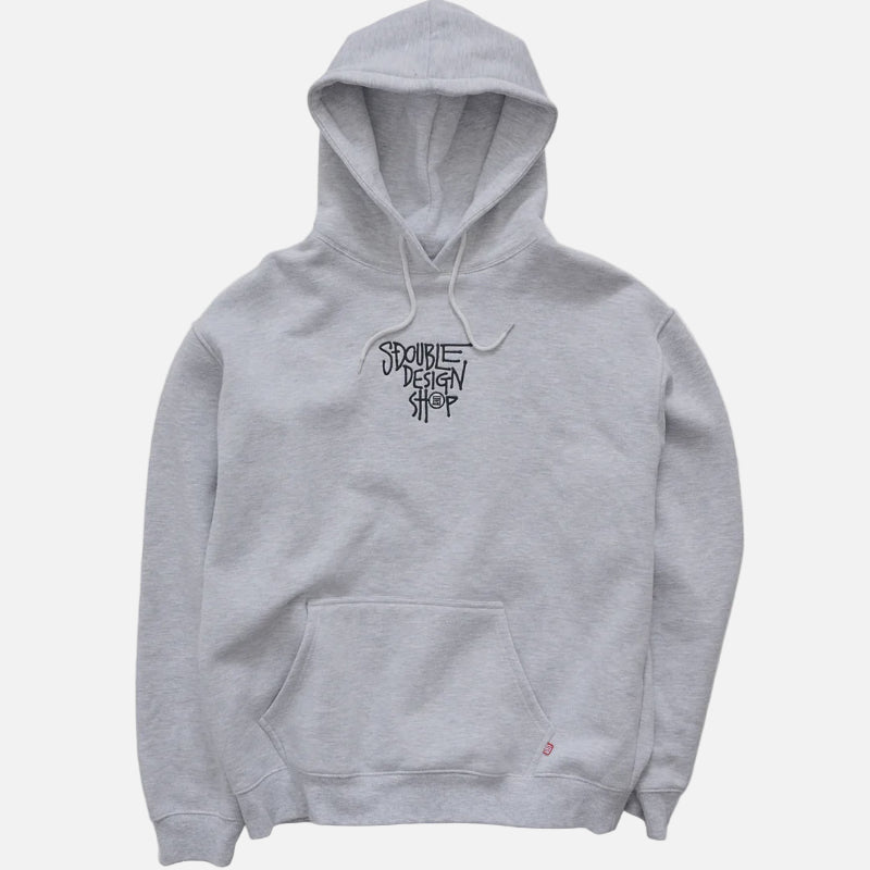 Gray hoodie with a brand logo on a light gray background
