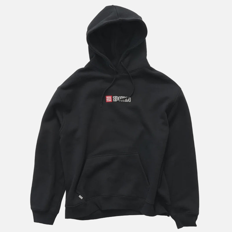 Black hoodie with a logo on the chest against a white background