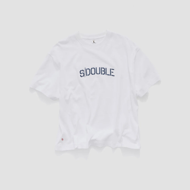 A white short-sleeve crewneck t-shirt with the word 'SDOUBLE' printed in navy blue across the chest, displayed flat against a light gray background.