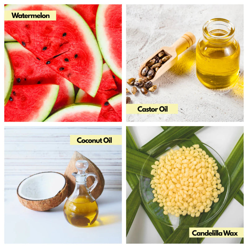 Collage of watermelon, castor oil, coconut oil, and candelilla wax with labels.