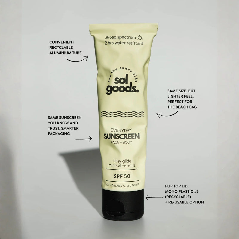 Sunscreen tube with 'sol goods' branding on a light gray background