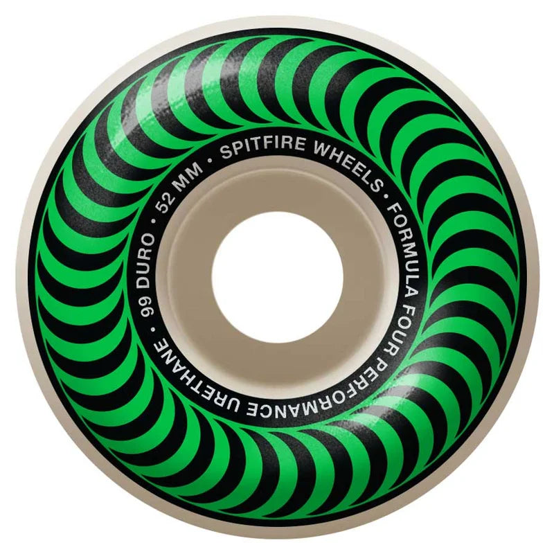 Spitfire Wheels skateboard wheel with green and black pattern on a white background