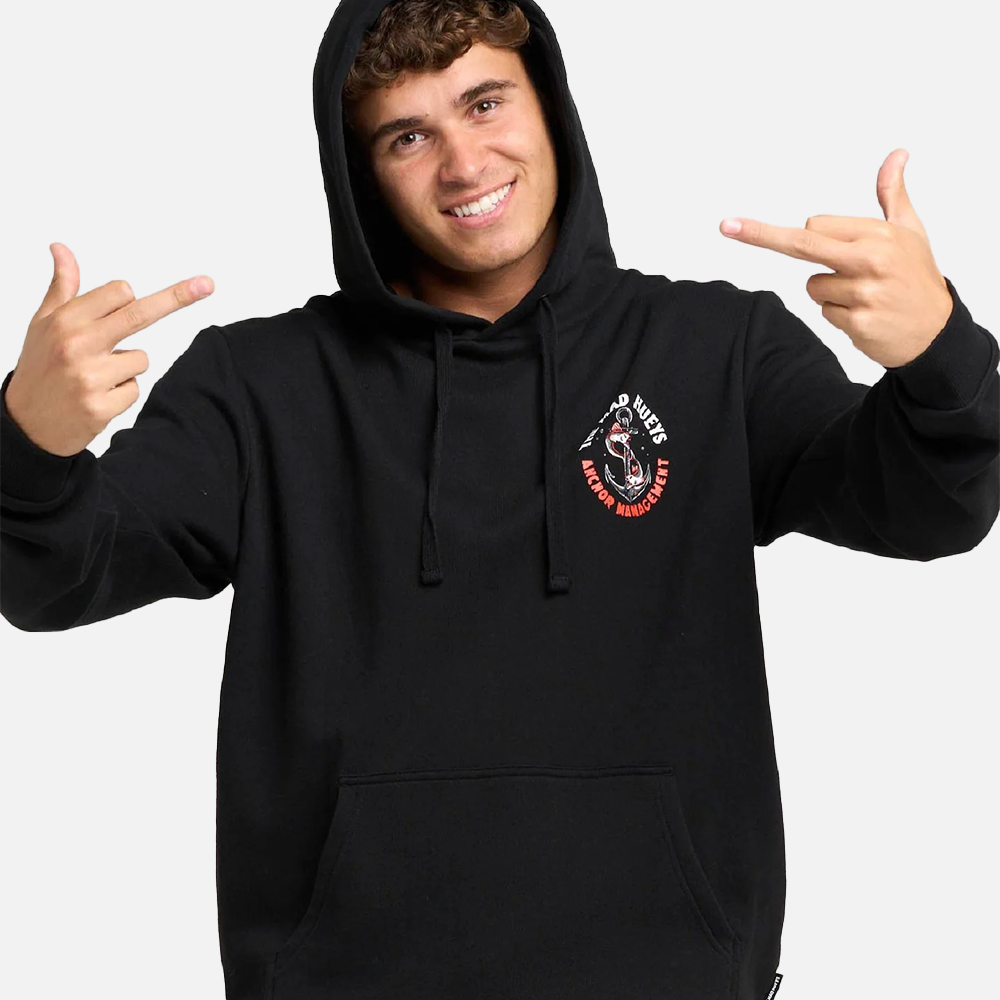 Person wearing a black hoodie with a logo, making hand gestures against a white background