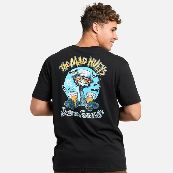Person wearing a black t-shirt with a graphic design on the back, featuring text and a bear holding beers.