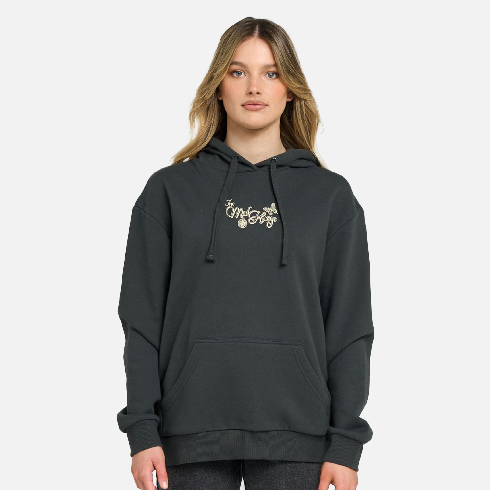 Person wearing a dark gray hoodie with a logo on a white background