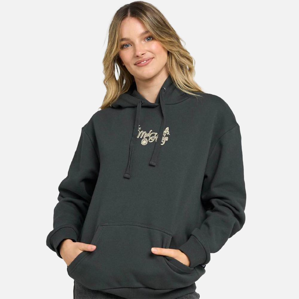 Woman wearing a black hoodie with a logo on a white background