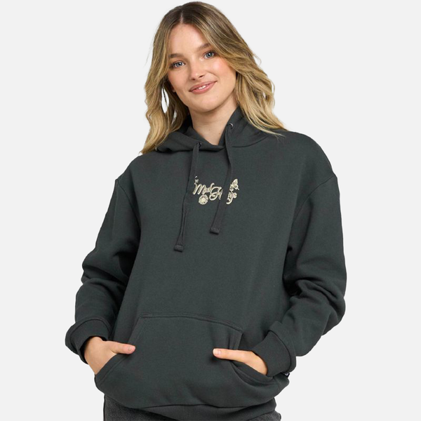 Woman wearing a black hoodie with a logo on a white background