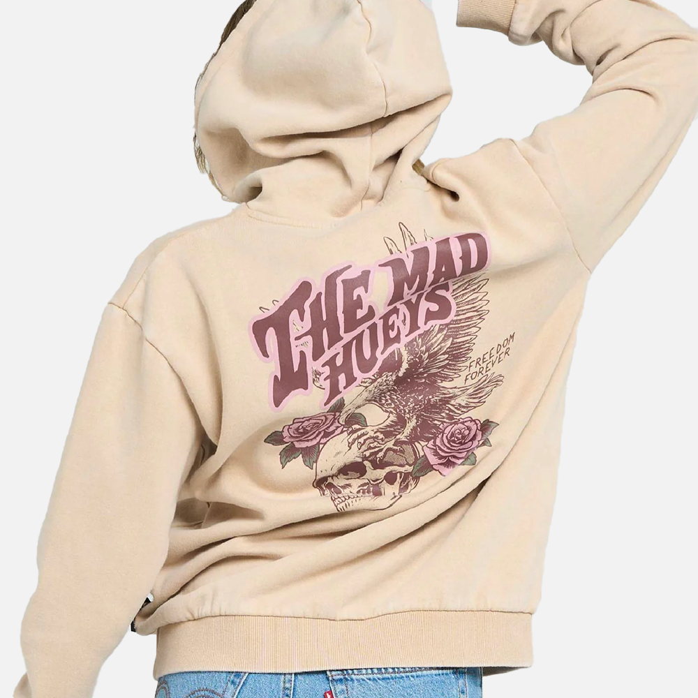 Beige hoodie with graphic design and text on a white background