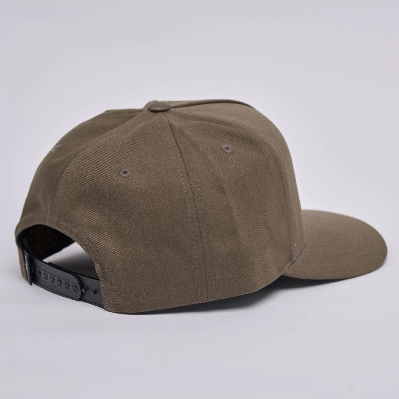 An olive green baseball cap shown from a side-back angle on a light gray studio background.