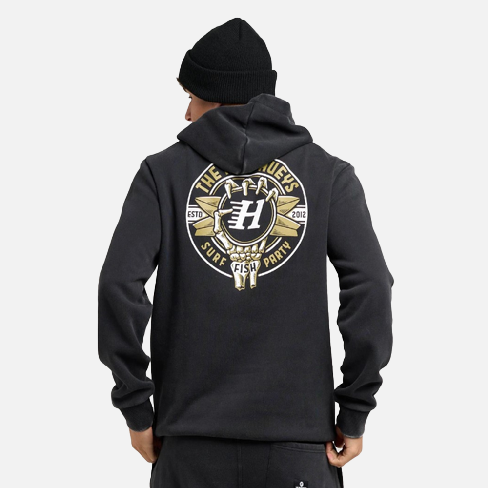 Person wearing a black hoodie with a logo on the back against a white background