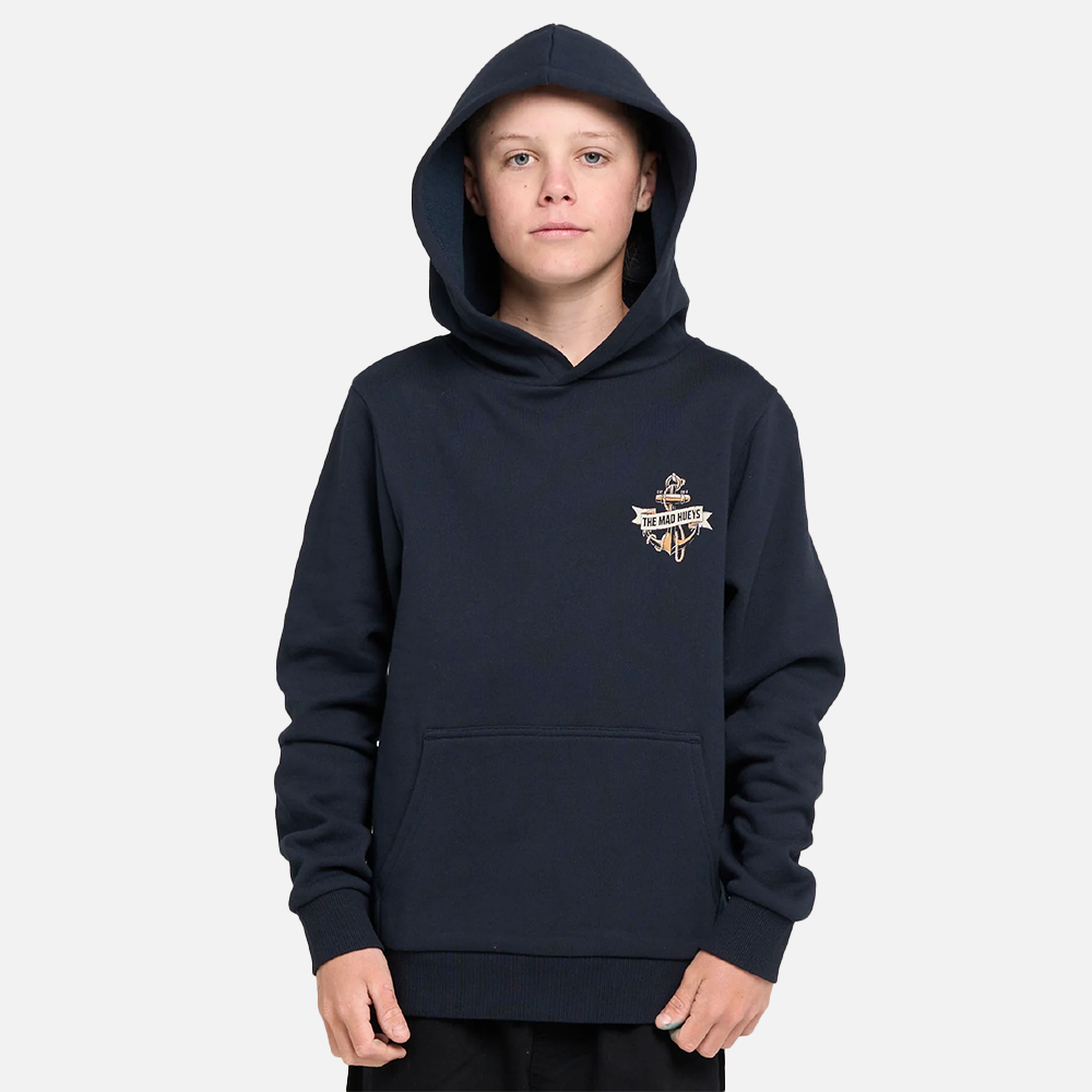 Person wearing a navy blue hoodie with a logo on a white background