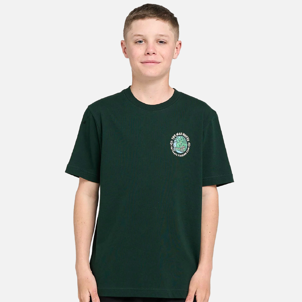 Person wearing a dark green t-shirt with a logo on a white background
