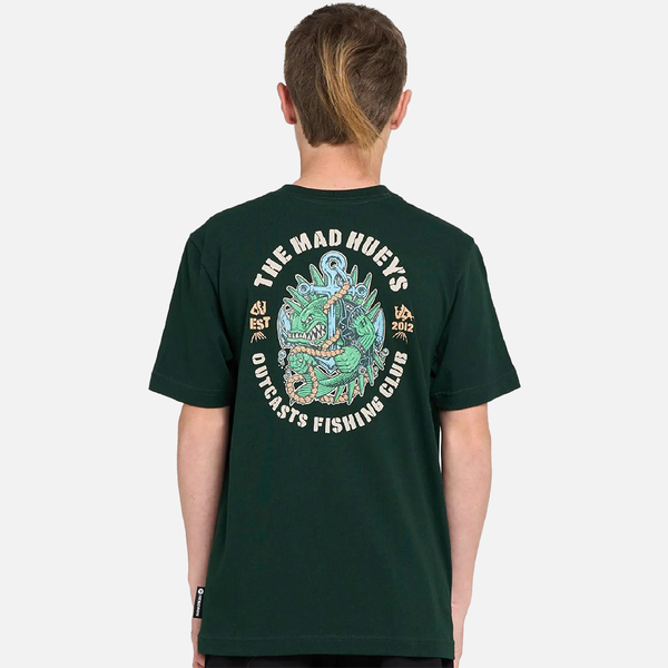 Person wearing a green t-shirt with a graphic design and text on the back