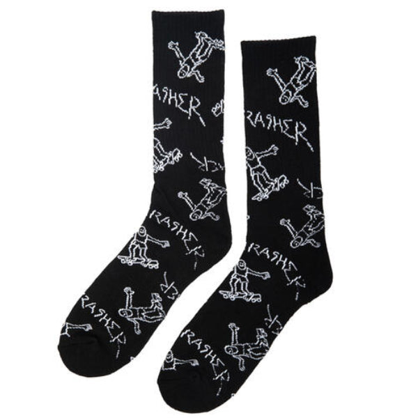 Black socks with white graphic designs and text on a white background