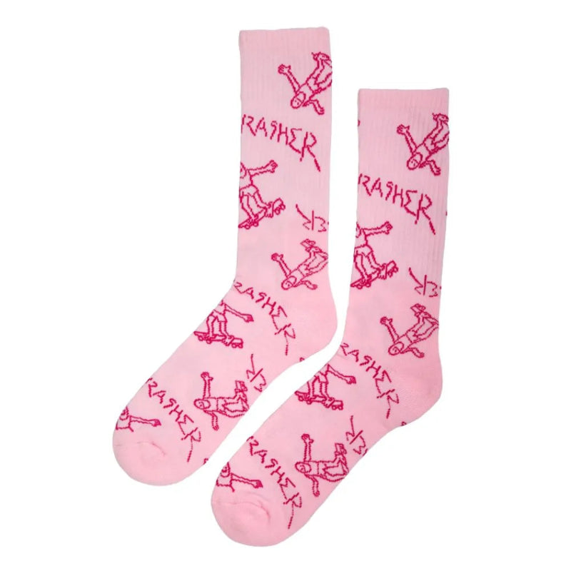 Pink socks with red text and graphics on a white background