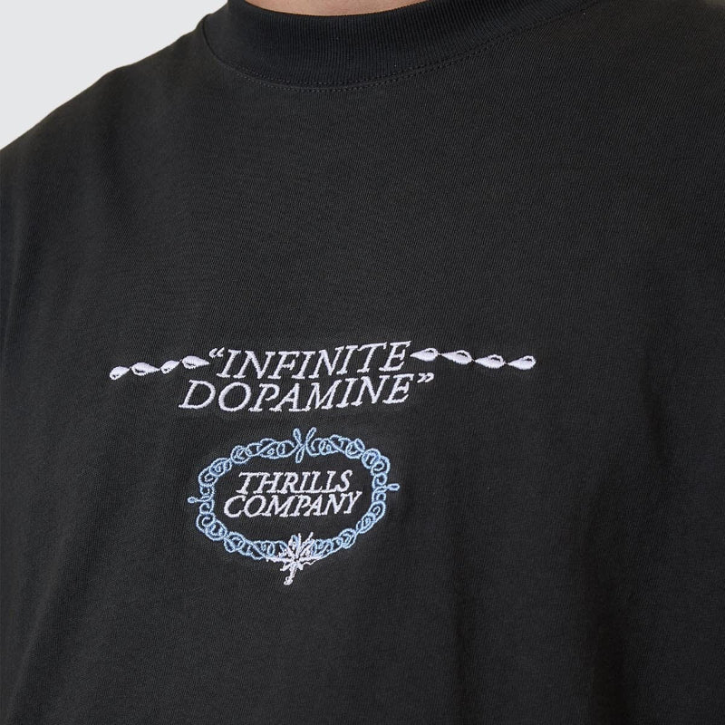 Black t-shirt with 'Infinite Dopamine' and 'Thrills Company' text and logo.