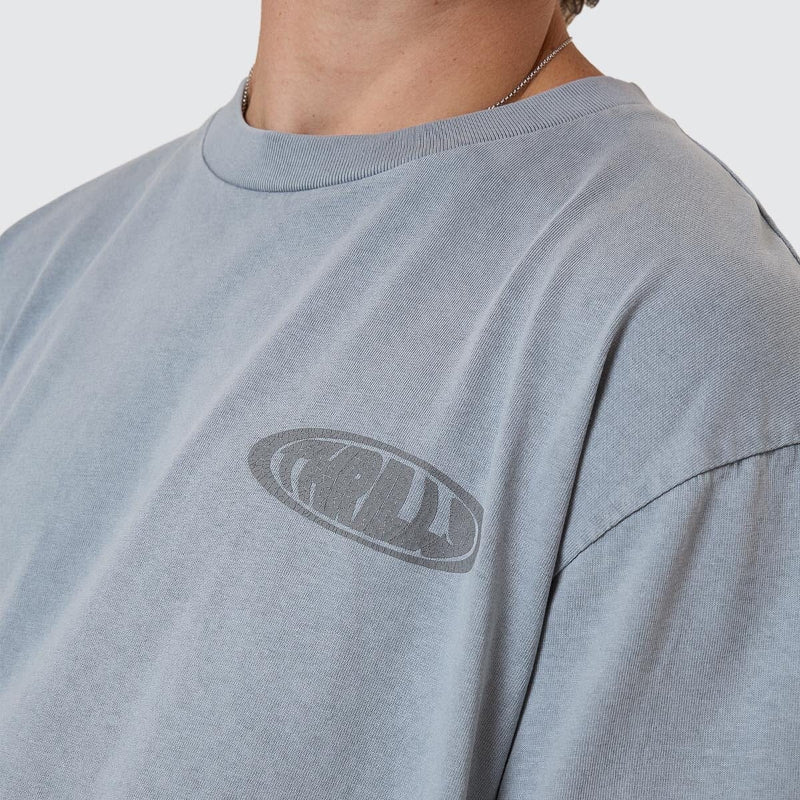 Gray sweatshirt with a logo on the chest against a light gray background