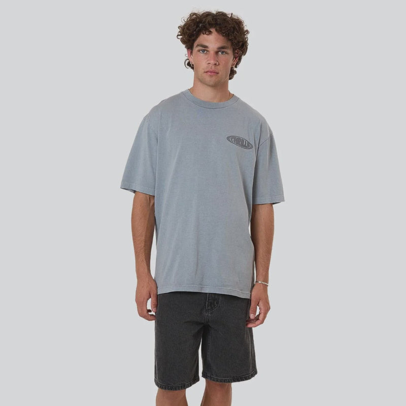 Person wearing a gray t-shirt and black shorts on a white background