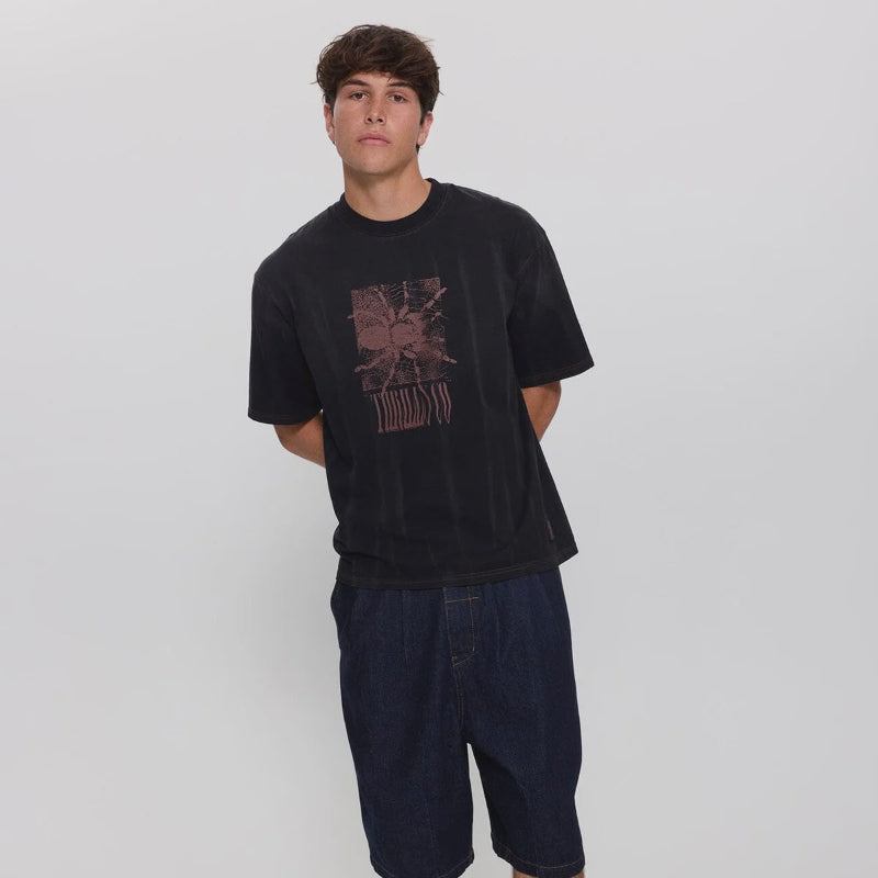 Thrills Web Of Chaos Box Crop Tee - Dark Faded Splatter Black
