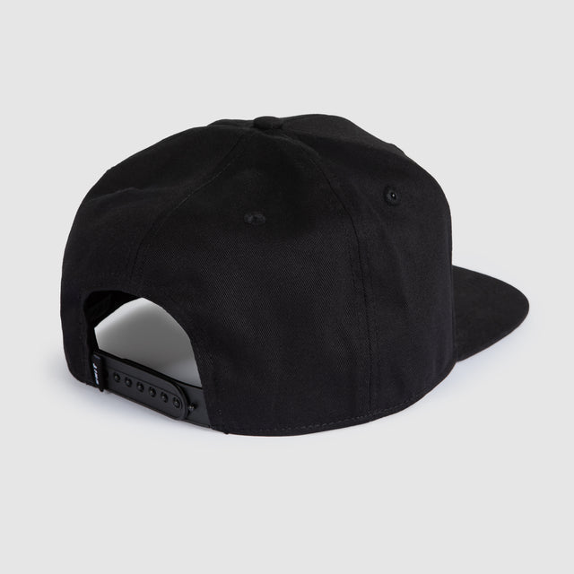 Black cap with a brand label on the back against a white background