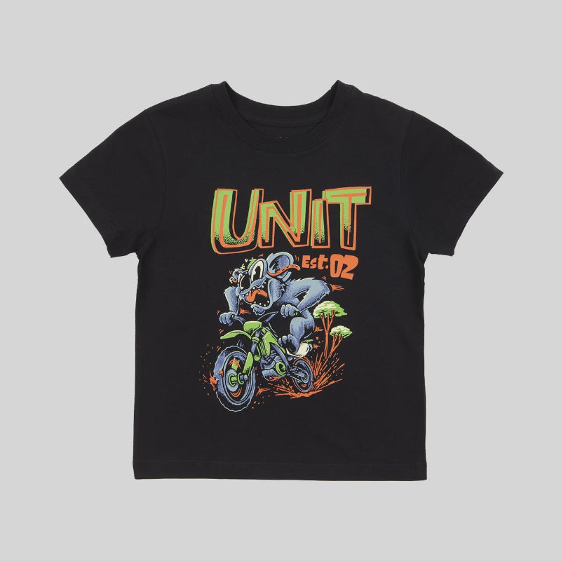 A black short-sleeve graphic t-shirt featuring a cartoon motorcycle rider and the text 'UNIT 02' in orange and yellow, displayed flat against a solid gray background.
