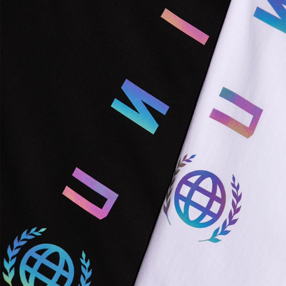 Black and white fabric with colorful unit logos and symbols