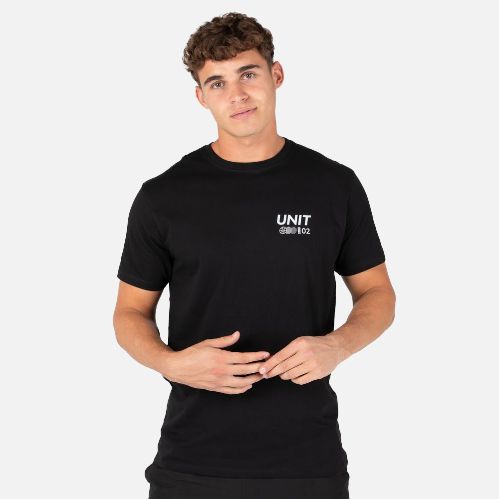 Person wearing a black t-shirt with 'UNIT' logo on a white background