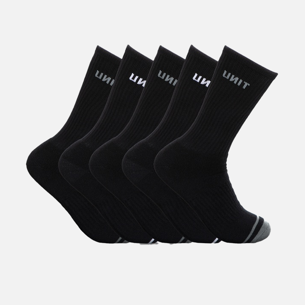 Set of black socks with a unit brand logo on a light gray background