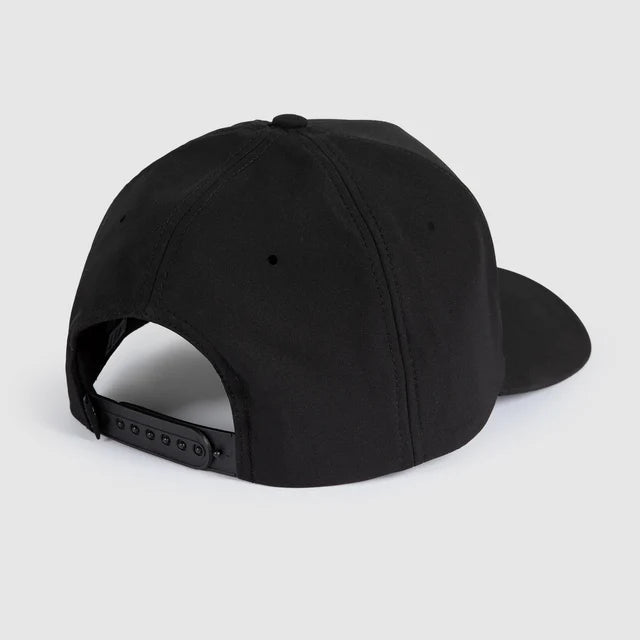An black baseball cap shown from a rear three-quarter angle against a light gray background.
